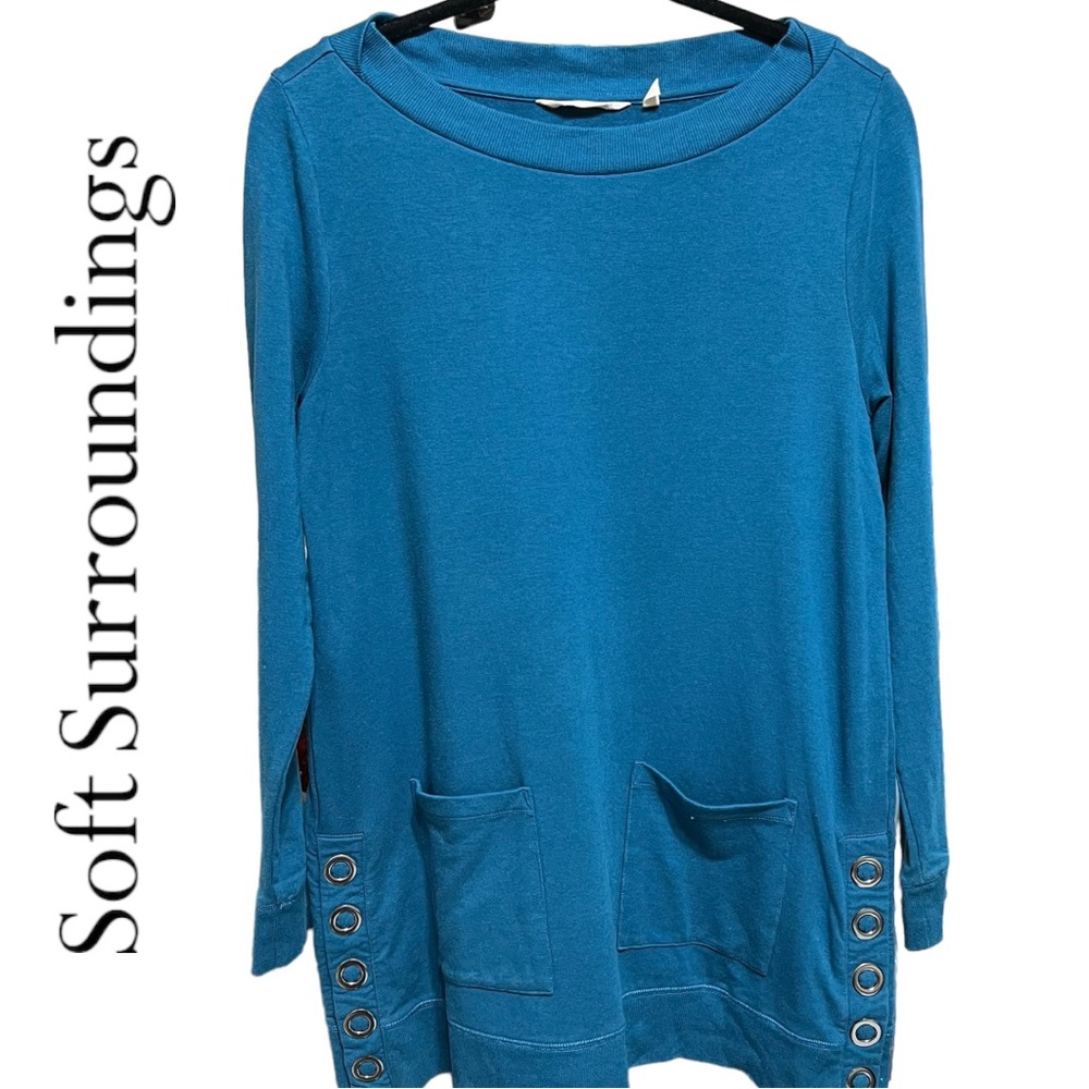 SOFT SURROUNDINGS Sweater Tunic Women's Size Medium Make It Snappy Blue Teal